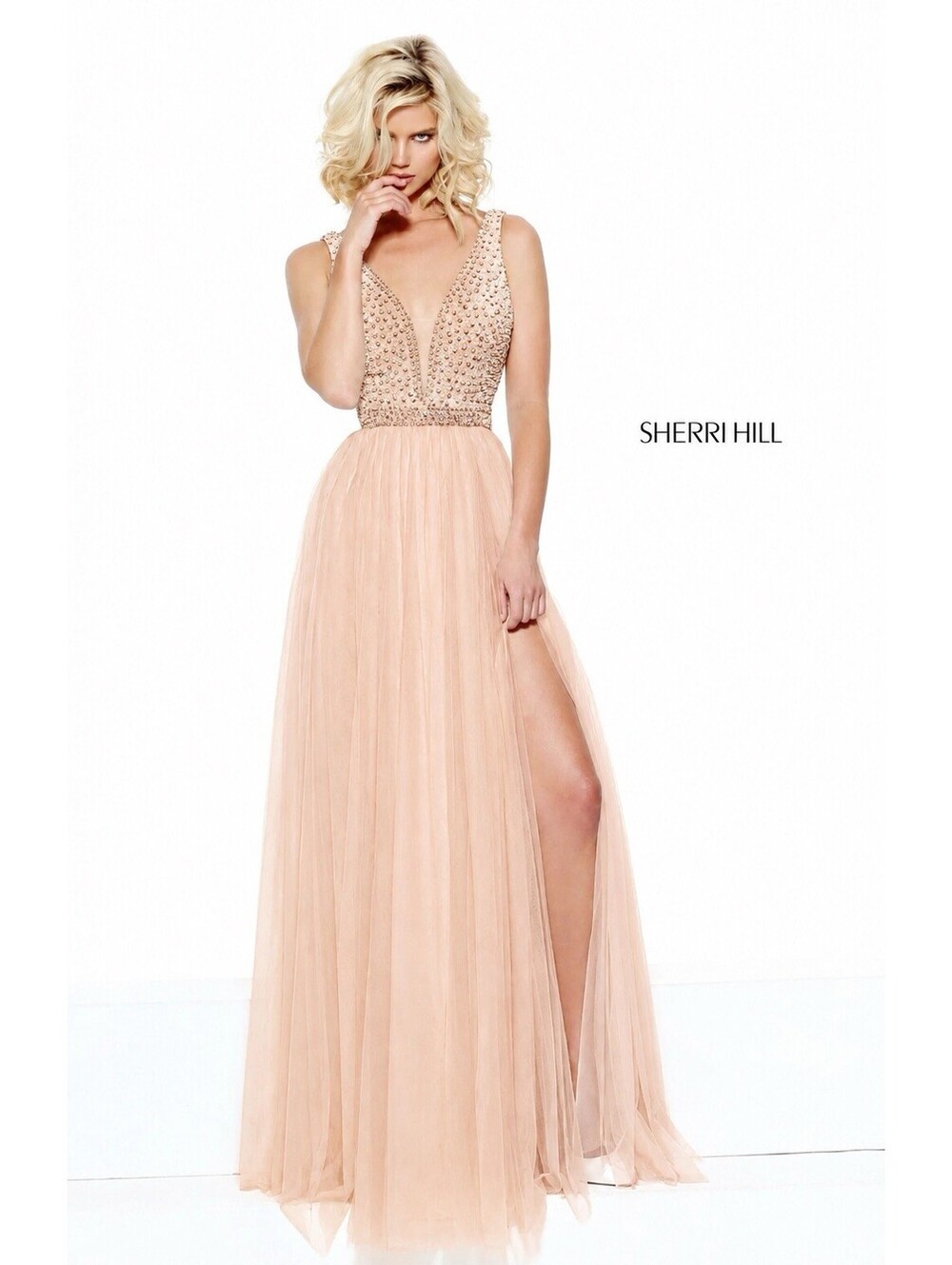 Sherri Hill Sz 4 Prom Pageant Blush Pink Beaded Chiffon A-Line Gown Homecoming - Picture 1 of 6